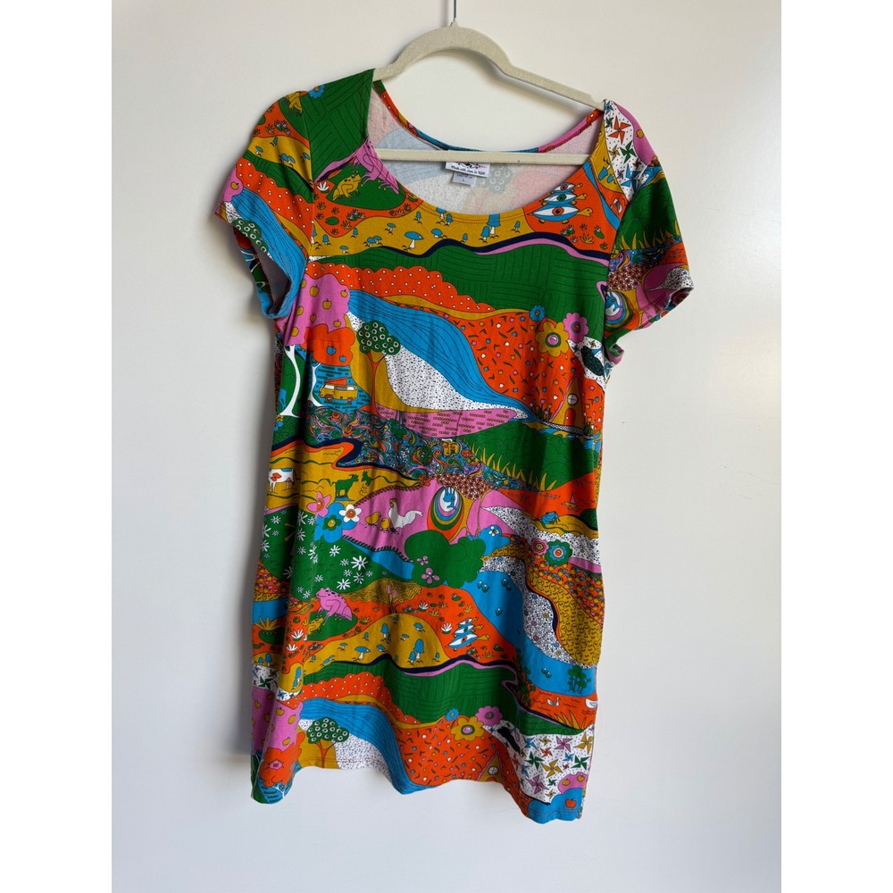 Blue Platypus Psychedelic Chicken Forest Dress L Retro 70s Maximalist Whimsical